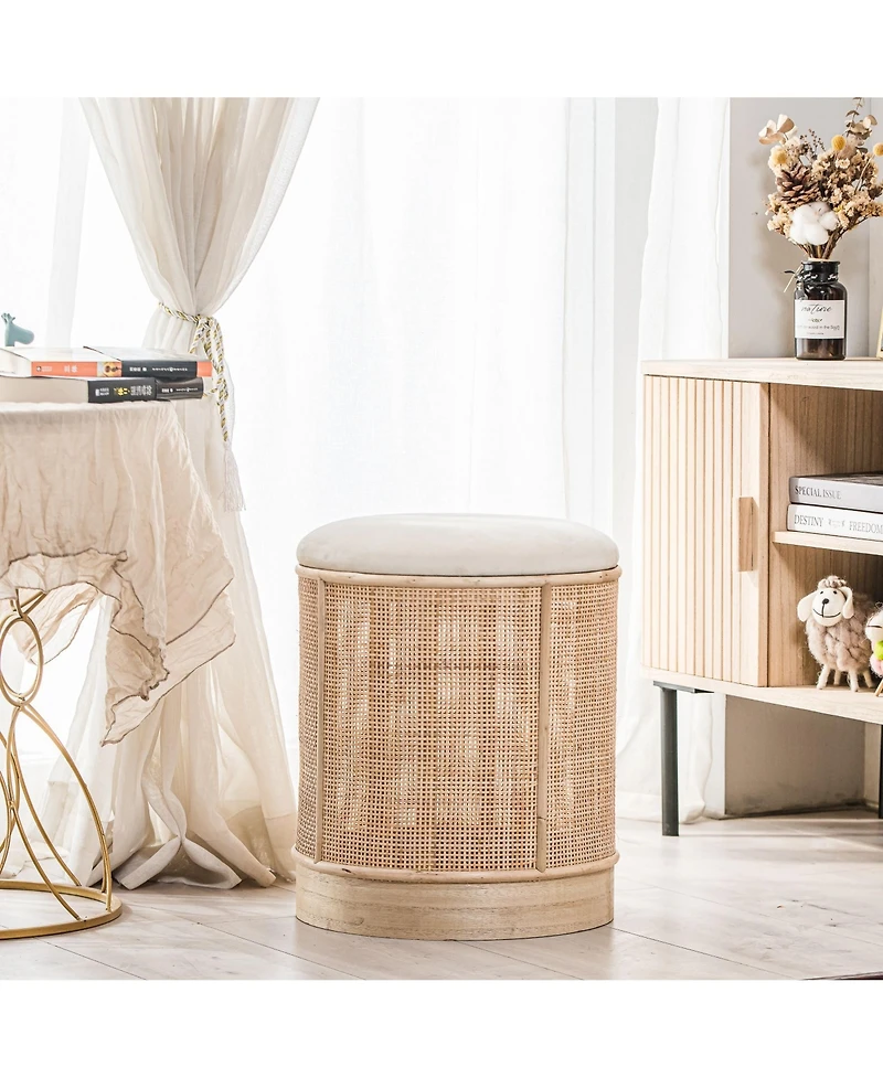 Nordlys - Beige Velvet and Rattan Pouf Exotic Boho Upholstery Living Room