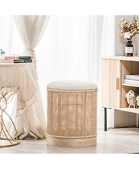 Nordlys - Beige Velvet and Rattan Pouf Exotic Boho Upholstery Living Room