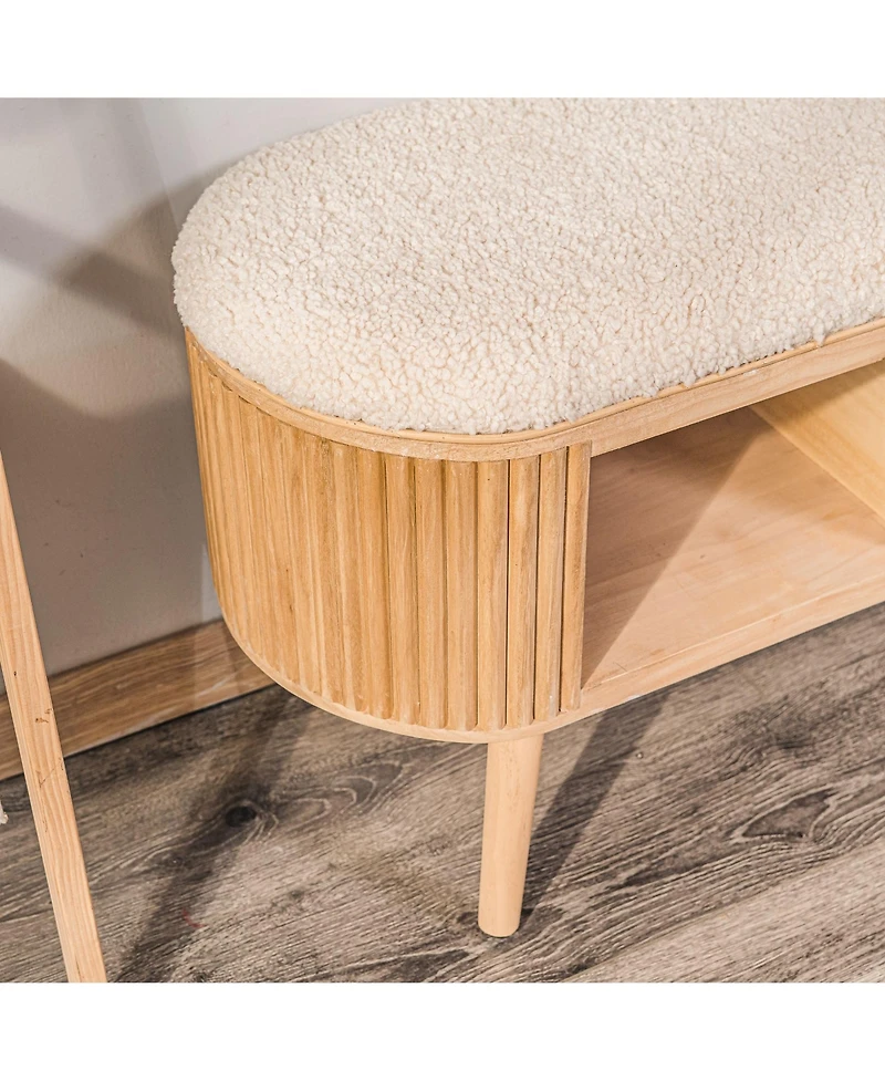 Nordlys - White Boucle and Wood Storage Bench Exotic Boho Entry