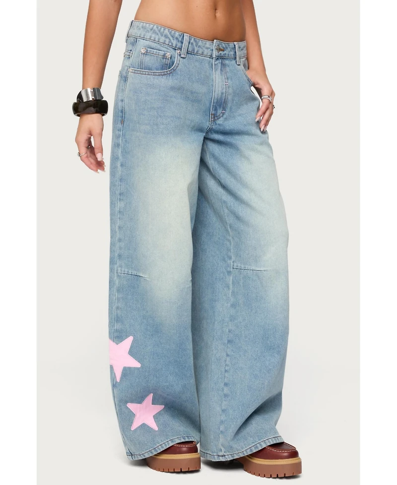 Edikted Women's Trish Satin Effect Stars Low Rise Jeans