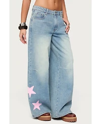 Edikted Women's Trish Satin Effect Stars Low Rise Jeans