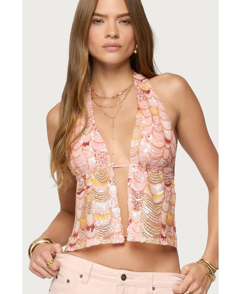 Edikted Women's Mermaid Backless Sequin Split Front Top