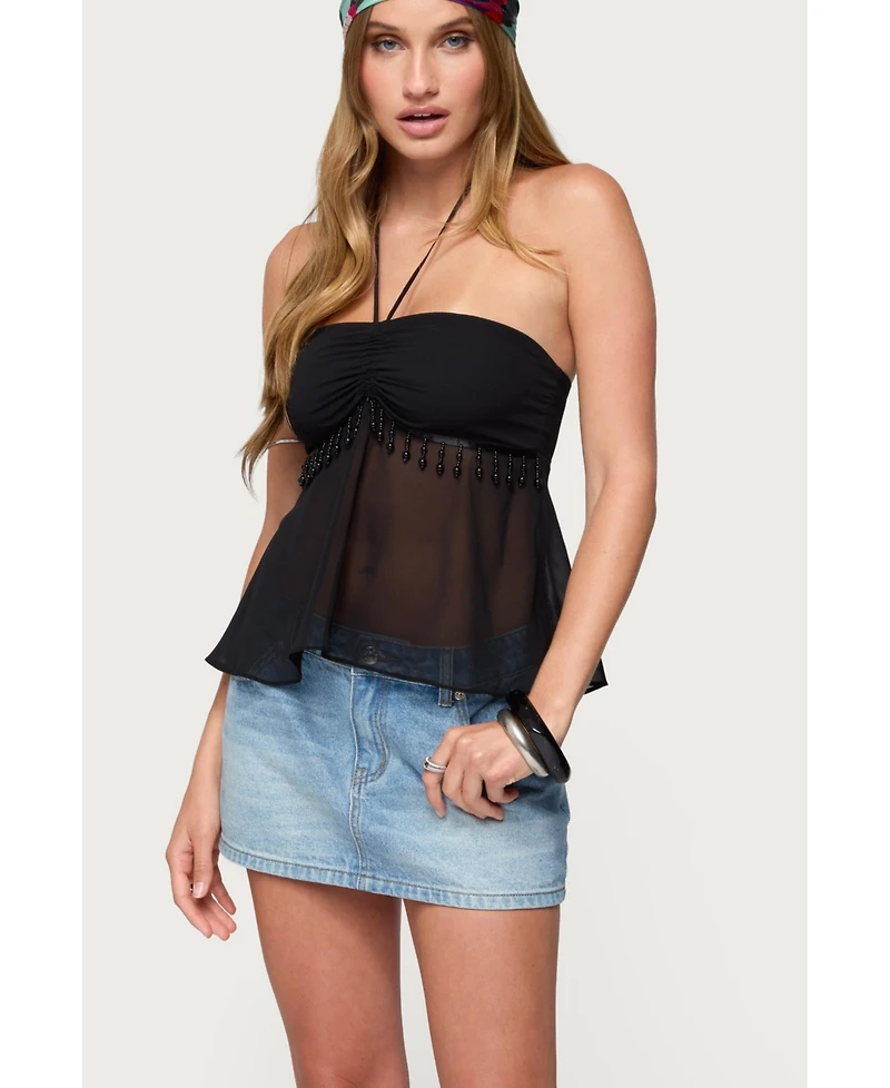 Edikted Women's Sheer Chiffon Babydoll Halter Top