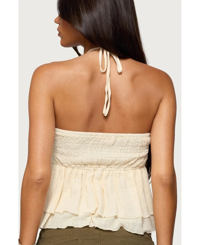 Edikted Womens Layered Linen Look Babydoll Halter Top