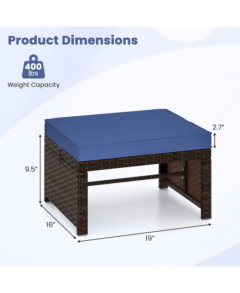 Gymax Set of 2 Patio Pe Rattan Ottomans w/ Soft Zippered Cushions for Deck Outdoor