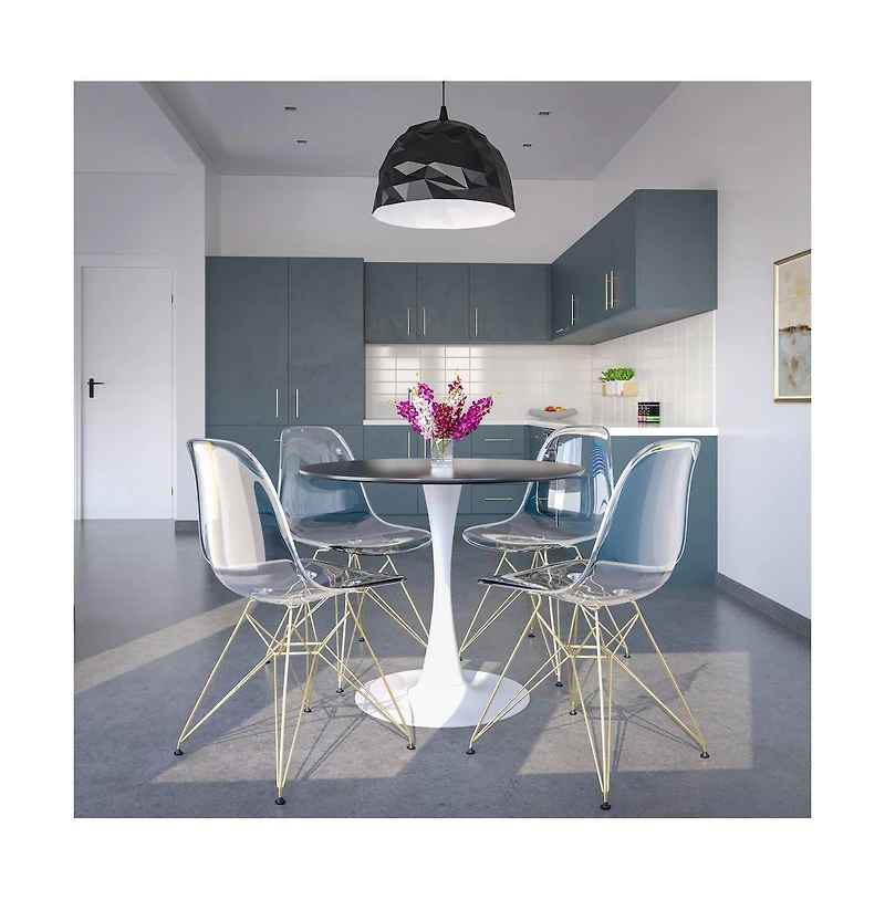 LeisureMod 5-Piece Dining Set with 35" Round Dining Table in White Iron