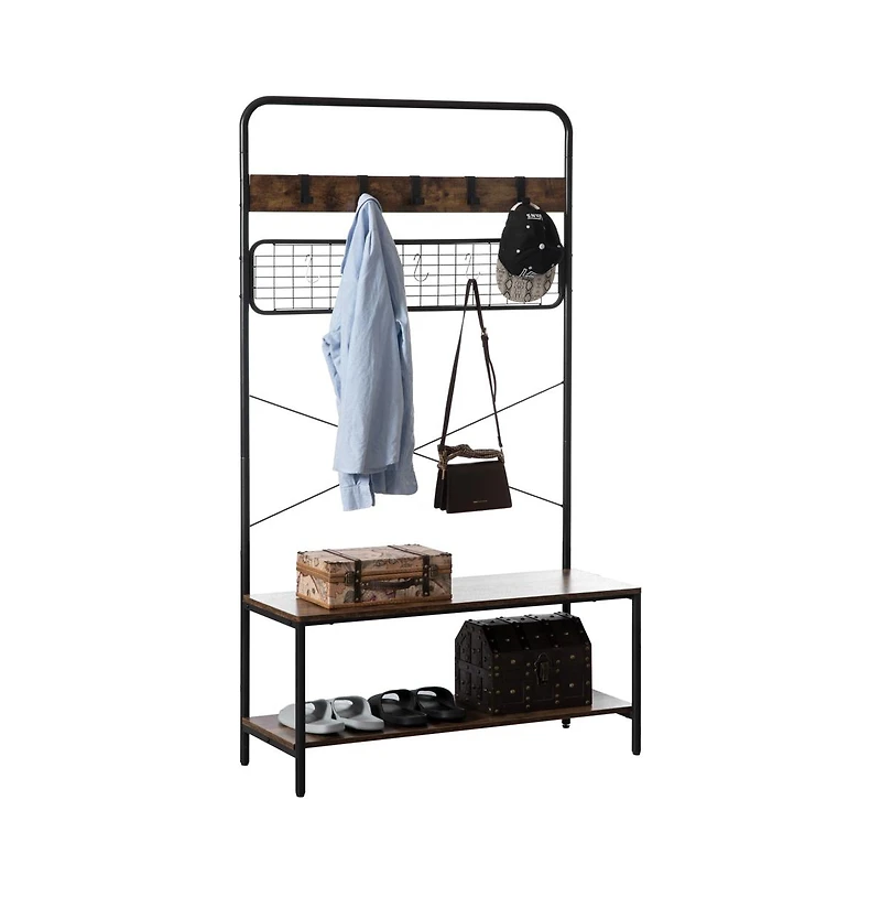 Vintage like Brown Coat Rack Hall Tree with Storage for Entryway With 10 Hooks and Storage
