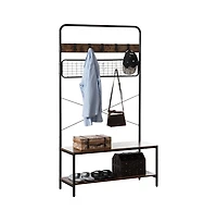 Vintage like Brown Coat Rack Hall Tree with Storage for Entryway With 10 Hooks and Storage