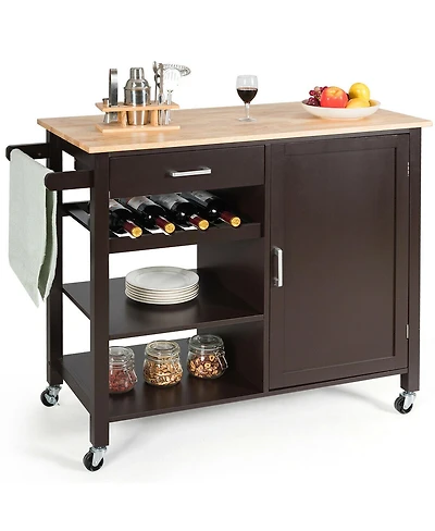 Gymax 4-Tier Wood Kitchen Island Trolley Cart Storage Cabinet w/ Wine Rack & Drawer