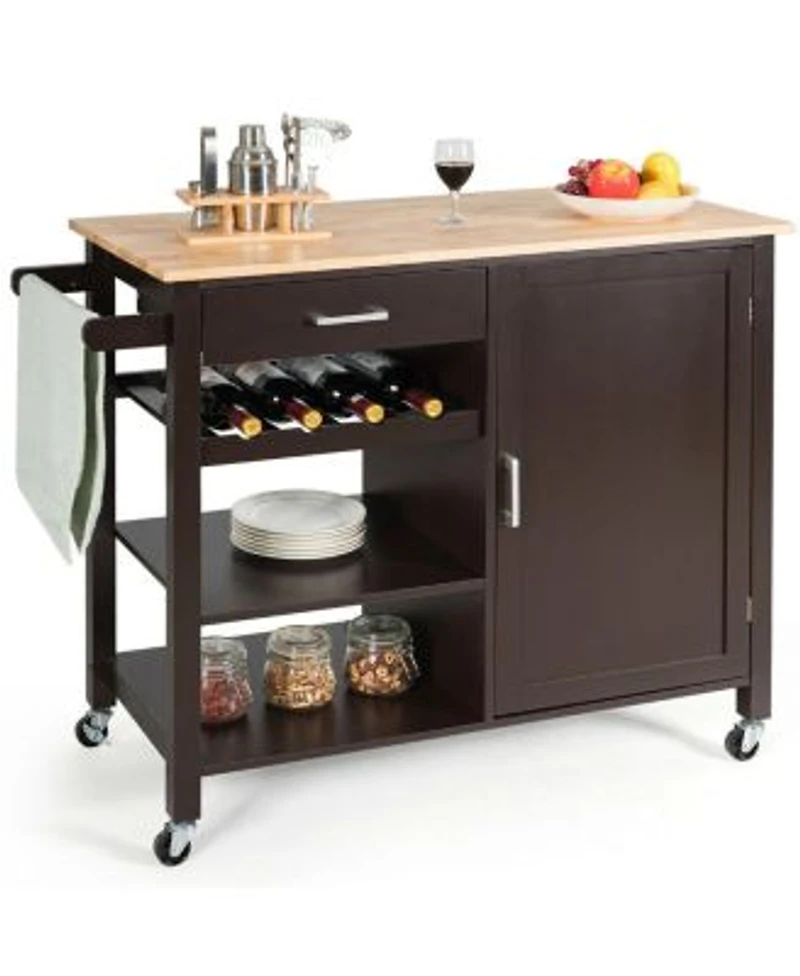 Gymax 4 Tier Wood Kitchen Island Trolley Cart Storage Cabinet W Wine Rack Drawer