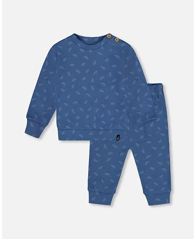 Deux par Baby Boy Cotton Pant and Top Set Blue Leaf Print