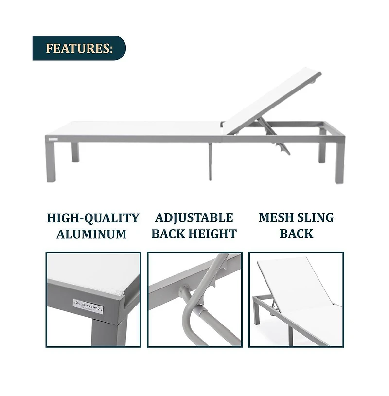 LeisureMod Aluminum Outdoor Patio Chaise Lounge Chair