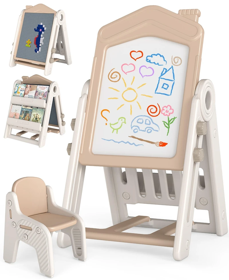 Sugift 3-in-1 Foldable Kids Easel Double-Sided Tabletop Easel with Chair