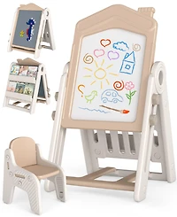 Sugift 3-in-1 Foldable Kids Easel Double-Sided Tabletop Easel with Chair
