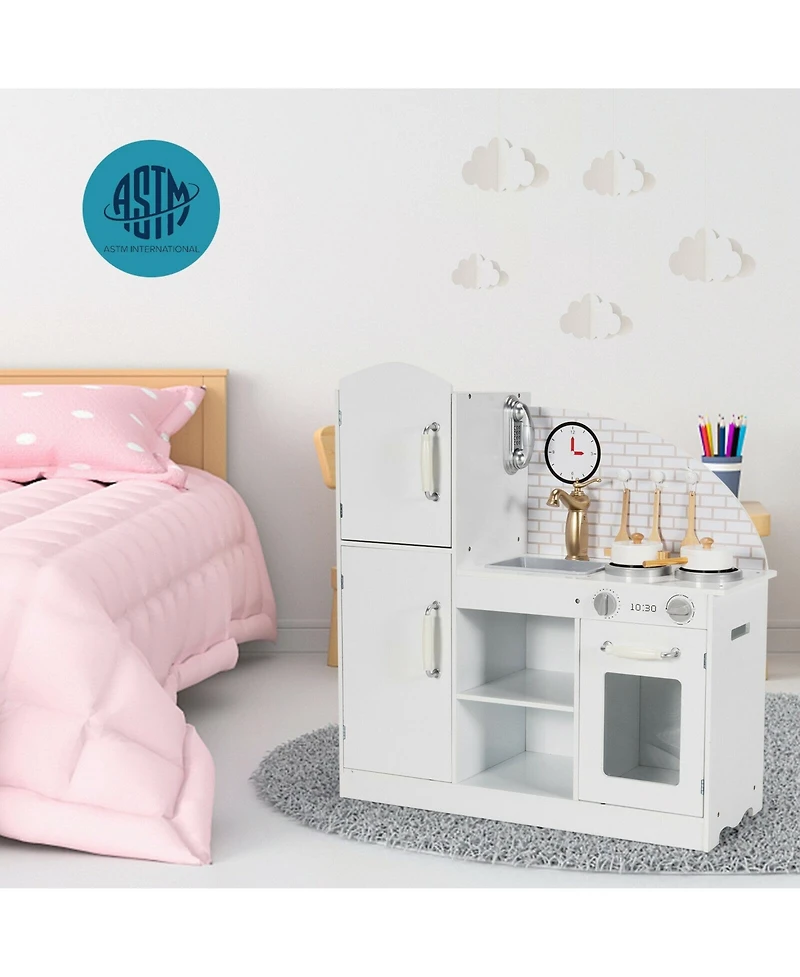 Akiudex Wooden Kids Play Kitchen Set with Stove, Sink, Clock, and Storage Cabinets