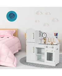 Akiudex Wooden Kids Play Kitchen Set with Stove, Sink, Clock, and Storage Cabinets