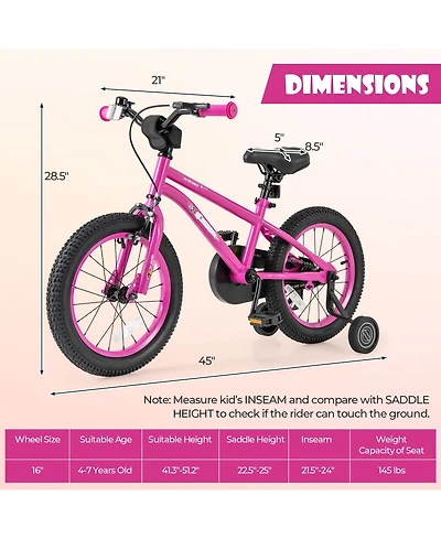 16 Inch Kids Bike for Ages 4-7 with Adjustable Handlebar and Removable Training Wheels