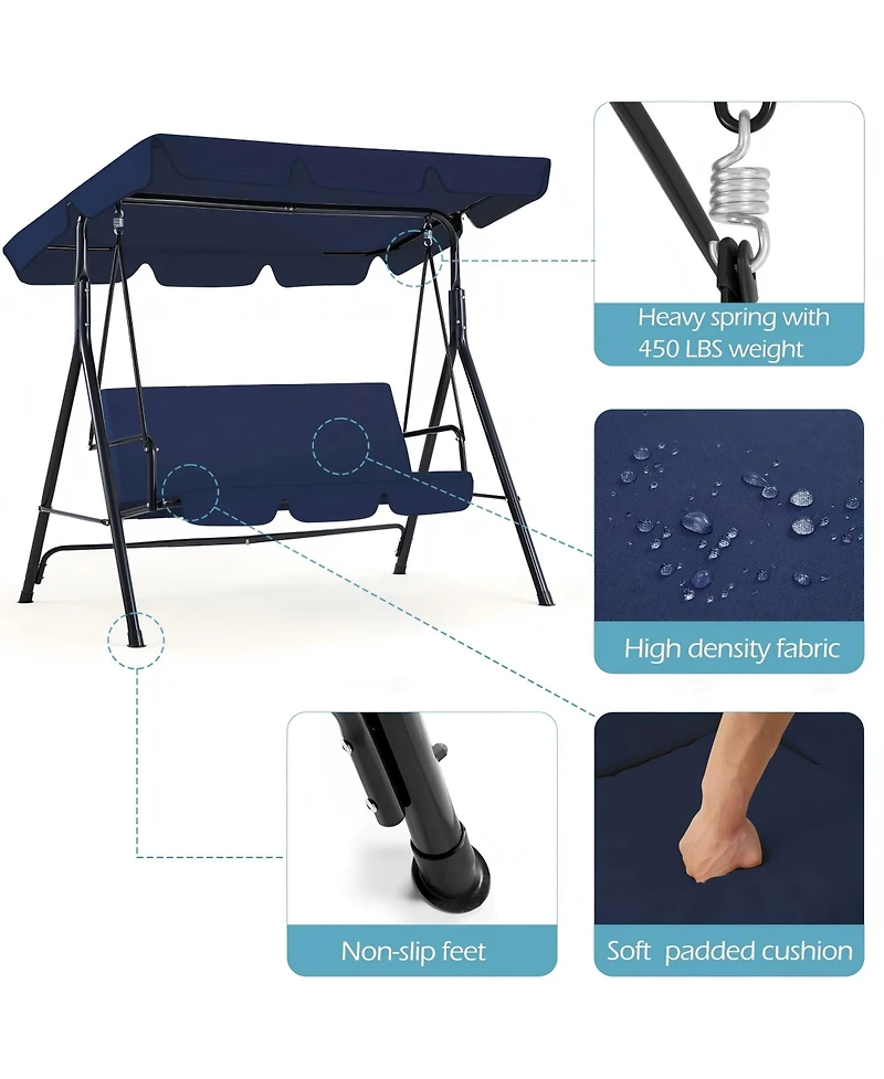 Boyel Living 3-Person Metal Patio Swing with Removable Cushion Patio Swing Outdoor Porch Swing Chair for Adults for Garden Backyard Deck