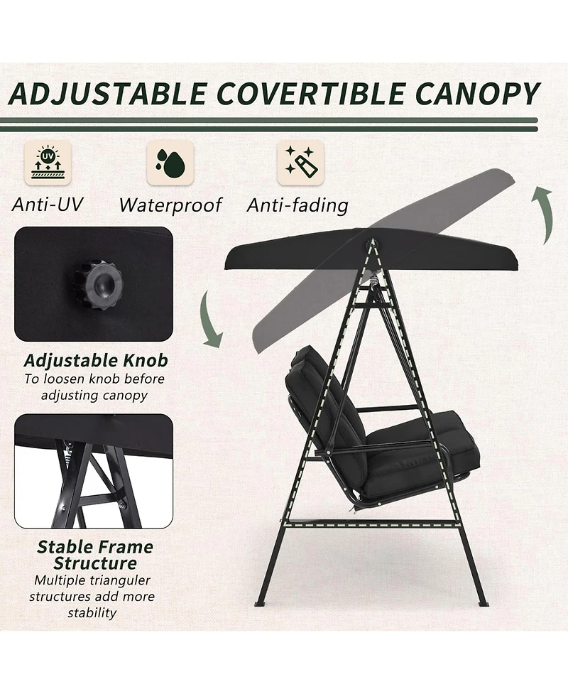 Boyel Living 2-Person Metal Patio Swing with Removable Cushion Patio Swing Outdoor Porch Swing Chair for Adults for Garden Backyard Deck