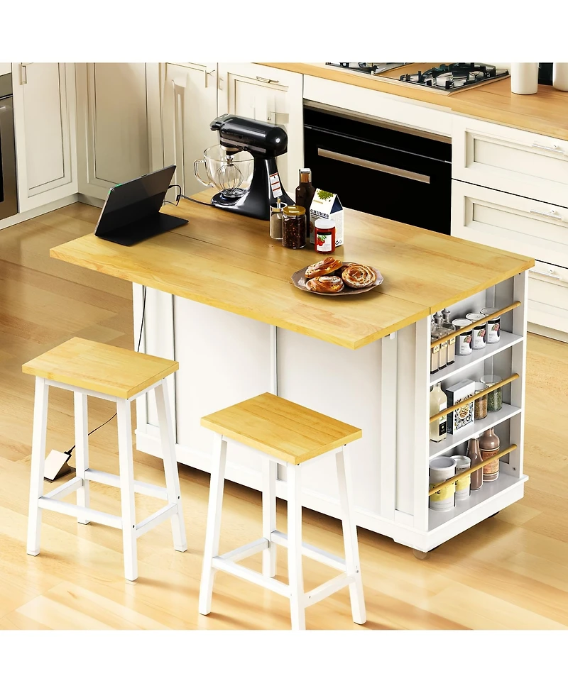 Casainc 48" Rolling Kitchen Island with Drop Leaf, Power Outlet, Internal Rack, 5 Side Racks, 5 Wheels (No Stools)