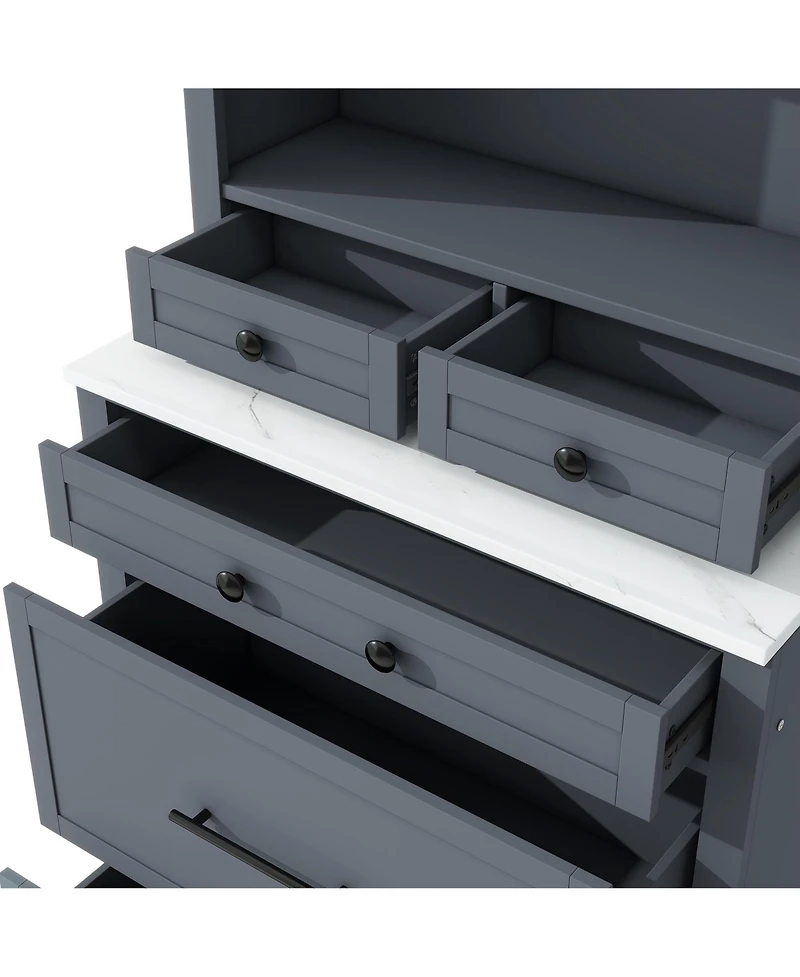 Casainc 83.7" Tall Freestanding Kitchen Pantry with Faux Marble Top and 5 Storage Drawers