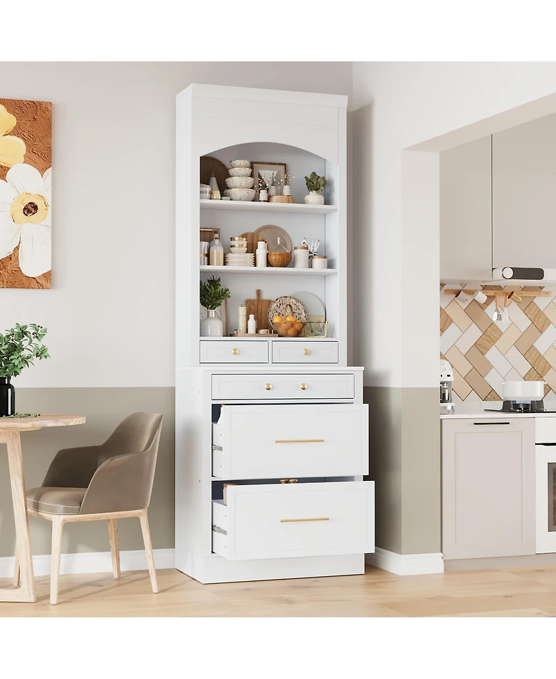 Casainc 83.7" Tall Freestanding Kitchen Pantry with Faux Marble Top and 5 Storage Drawers