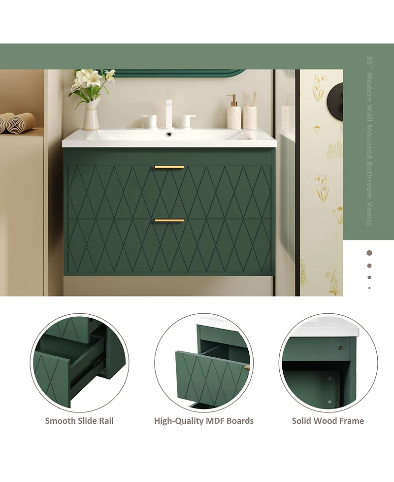 Casainc 30" Floating Bathroom Vanity With Resin Sink and 2 Drawers, Solid Wood Construction