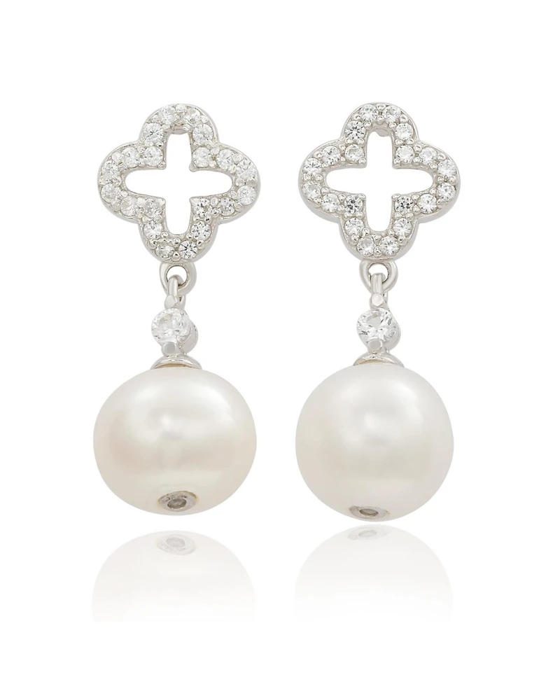 Suzy Levian Sterling Silver Clover White Sapphire and Cultured Pearl Earrings