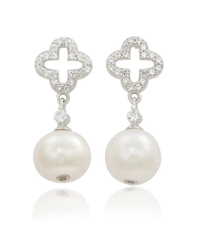 Suzy Levian Sterling Silver Clover White Sapphire and Cultured Pearl Earrings
