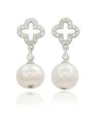 Suzy Levian Sterling Silver Clover White Sapphire and Cultured Pearl Earrings