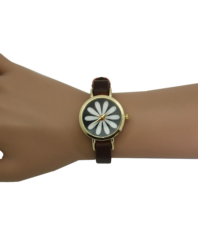Olivia Pratt Dark Brown Large Flower Face Skinny Leather Strap Watch
