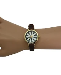 Olivia Pratt Dark Brown Large Flower Face Skinny Leather Strap Watch