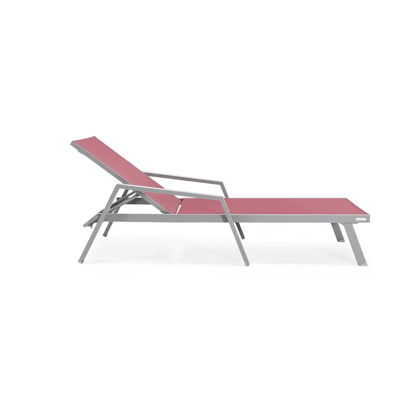 LeisureMod Marlin Patio Chaise Lounge Chair With Armrests in Grey Aluminum Frame