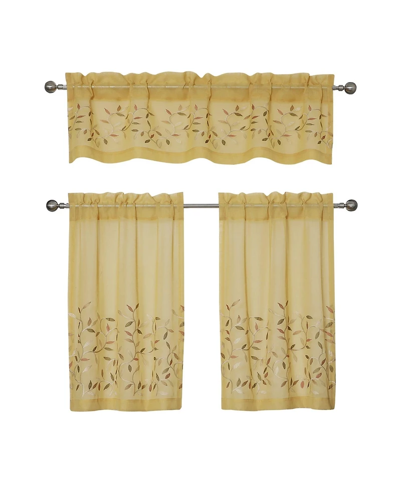 Kate Aurora Shabby Sheer Embroidered Complete 3 Piece Floral Rod Pocket Cafe Kitchen Curtain Tier & Valance Set