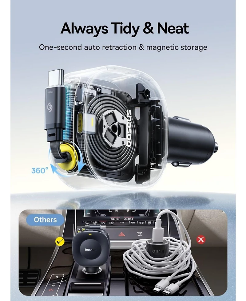 Baseus Retractable Car Charger Usb C Fast Charging, 60W Ultra-Mini Fast Car Charger with Retractable Usb C Cable