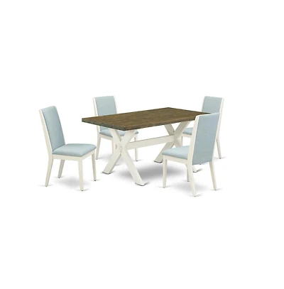 East West Furniture 5Pc Dining Set Consists of a Wood Table and 4 Parson Dining Chairs with Baby Blue Color Linen Fabric, Medium Size Table with Full