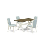 East West Furniture 5Pc Dining Set Consists of a Wood Table and 4 Parson Dining Chairs with Baby Blue Color Linen Fabric, Medium Size Table with Full