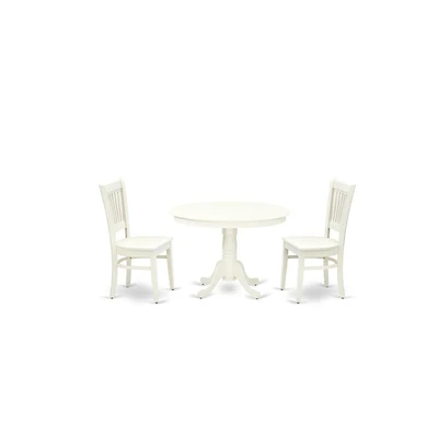 East West Furniture 3-Pc Modern Dining Room Table Set- 2 Dining Room Chairs and Wooden Dining Table - Wooden Seat and Slatted Chair Back