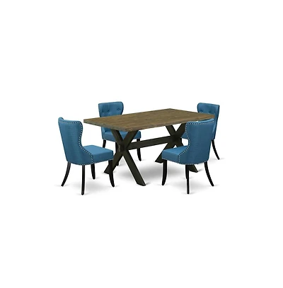 East West Furniture 5-Piece Dining Set- 4 Parson Dining Room Chairs with Blue Linen Fabric Seat and Button Tufted Chair Back