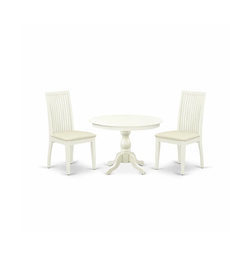 East West Furniture 3 Piece Kitchen Dining Table Set - Linen White Round Dining Table with 2 Linen White Dining Room Chairs with Slatted Back
