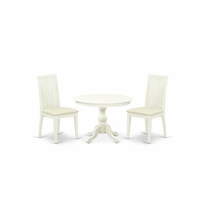 East West Furniture 3 Piece Kitchen Dining Table Set - Linen White Round Dining Table with 2 Linen White Dining Room Chairs with Slatted Back