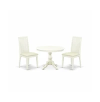 East West Furniture 3 Piece Kitchen Dining Table Set - Linen White Round Dining Table with 2 Linen White Dining Room Chairs with Slatted Back