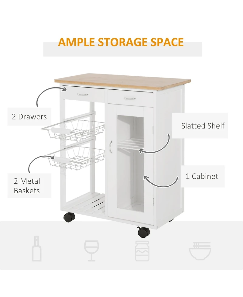Homcom Rolling Kitchen Trolley Cart Storage Cabinet with Wheels Basket Drawer