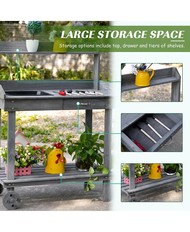 Outsunny 36" x 18" x 47'' Wood Potting Bench Work Table w/ 2 Wheels,