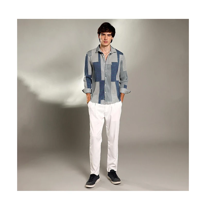 Campus Sutra Men's Cloud Grey & Lapis Blue Retro-Pleat Shirt