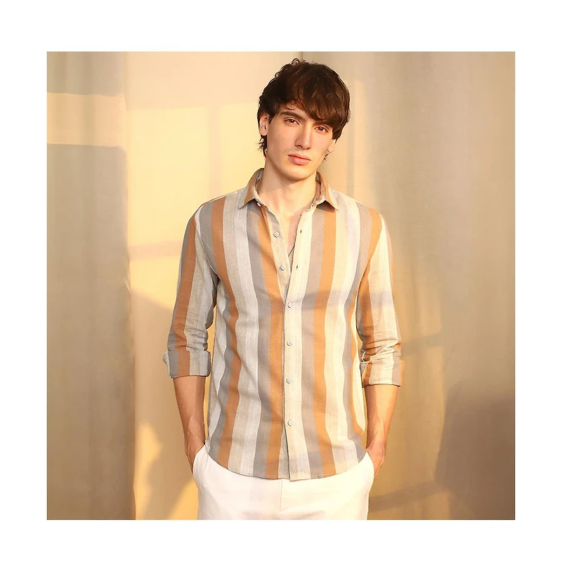 Campus Sutra Men's Copper Brown & Peanut Block-Striped Shirt