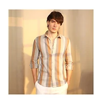 Campus Sutra Men's Copper Brown & Peanut Block-Striped Shirt
