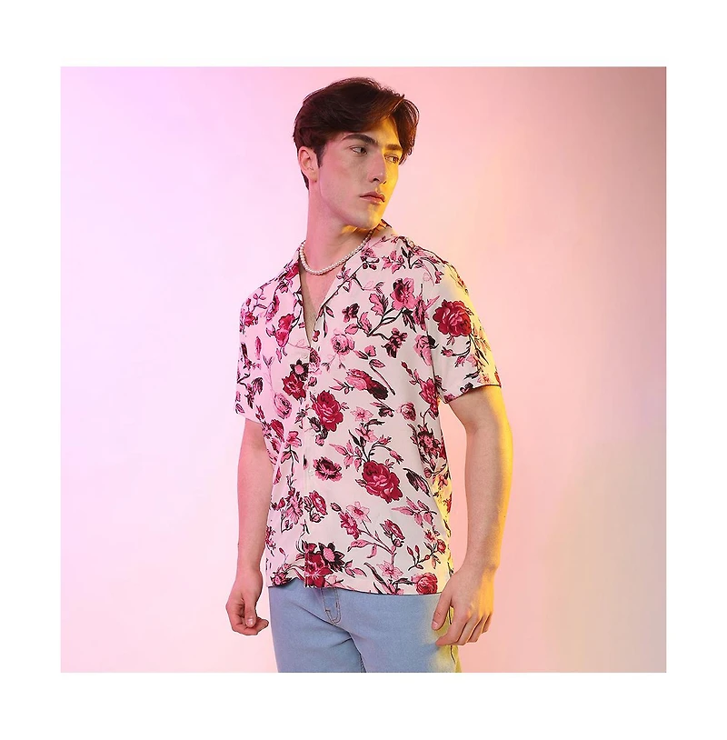 Campus Sutra Men's Vermillion Red & Ivory White Rose Shirt