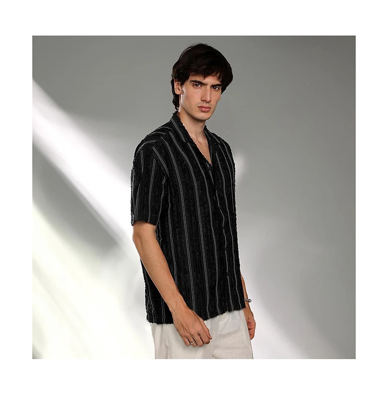 Campus Sutra Men's Raven Black Unhemmed Striped Oversized Shirt