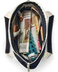 Lands' End Medium Print 5 Pocket Zip Top Long Handle Canvas Tote Bag